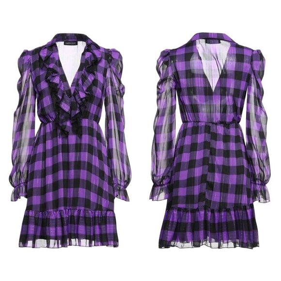 Vanessa Scott purple plaid tartan print long sleeves ruffle ruched dress size M - Picture 1 of 14
